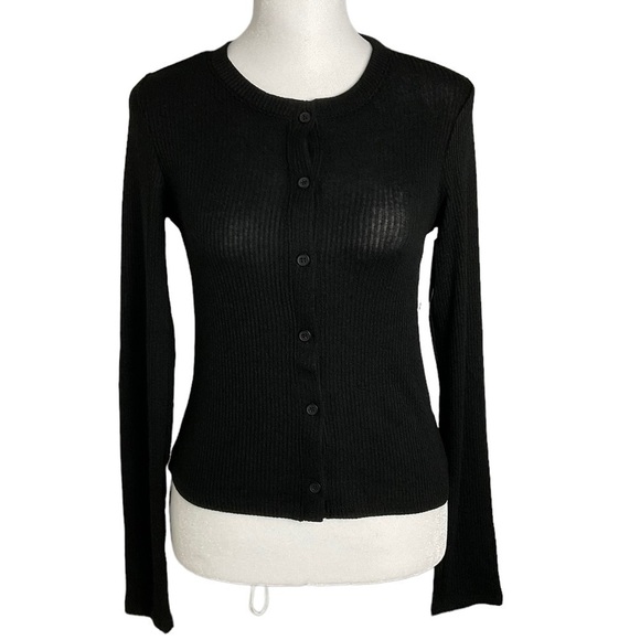 🎉 SALE NORDSTROM Black Ribbed Button Down Long Sleeve Knit Top - Picture 1 of 5